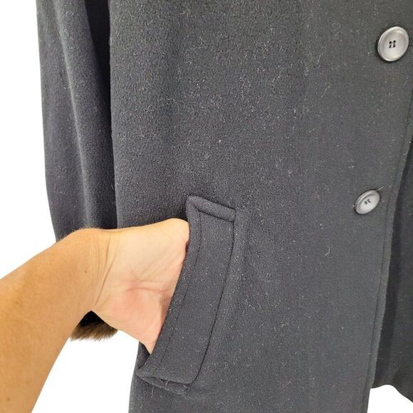 Vintage 80s Black Wool Coat 2X Faux Fur Hood Cuffs Button Front USA City Classic - Picture 7 of 11